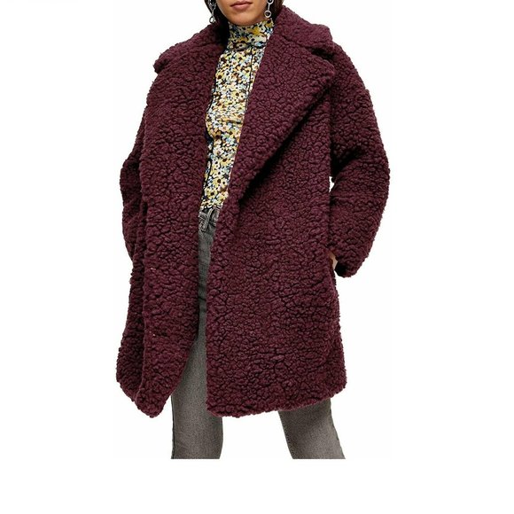 Topshop Women's Frenchy Big Borg Coat - Size 6 | Burgundy - Picture 1 of 3